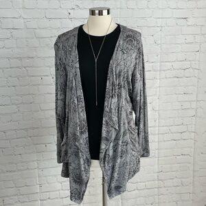 Knox Rose Open Front Gray Botanical/Floral Jacket Internal Drawstring Large